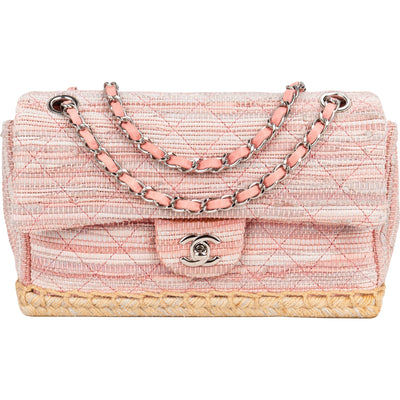 Chanel Quilted Tweed Palladium Espadrilles Single Flap Crossbody Bag