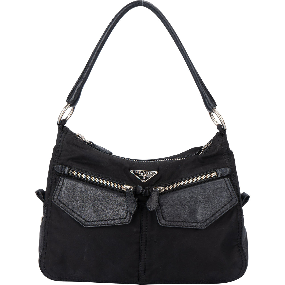 Prada Black Nylon Triangle Twin Pocket Shoulder Bag