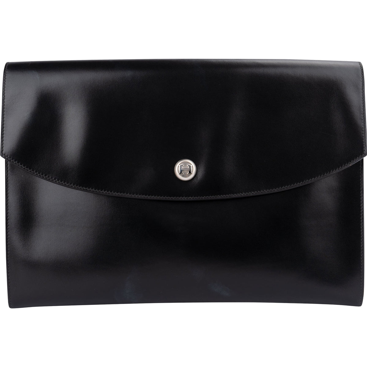 Hermès Schwarz Box Rio Piano Clutch aus Kalbsleder – Vorderansicht