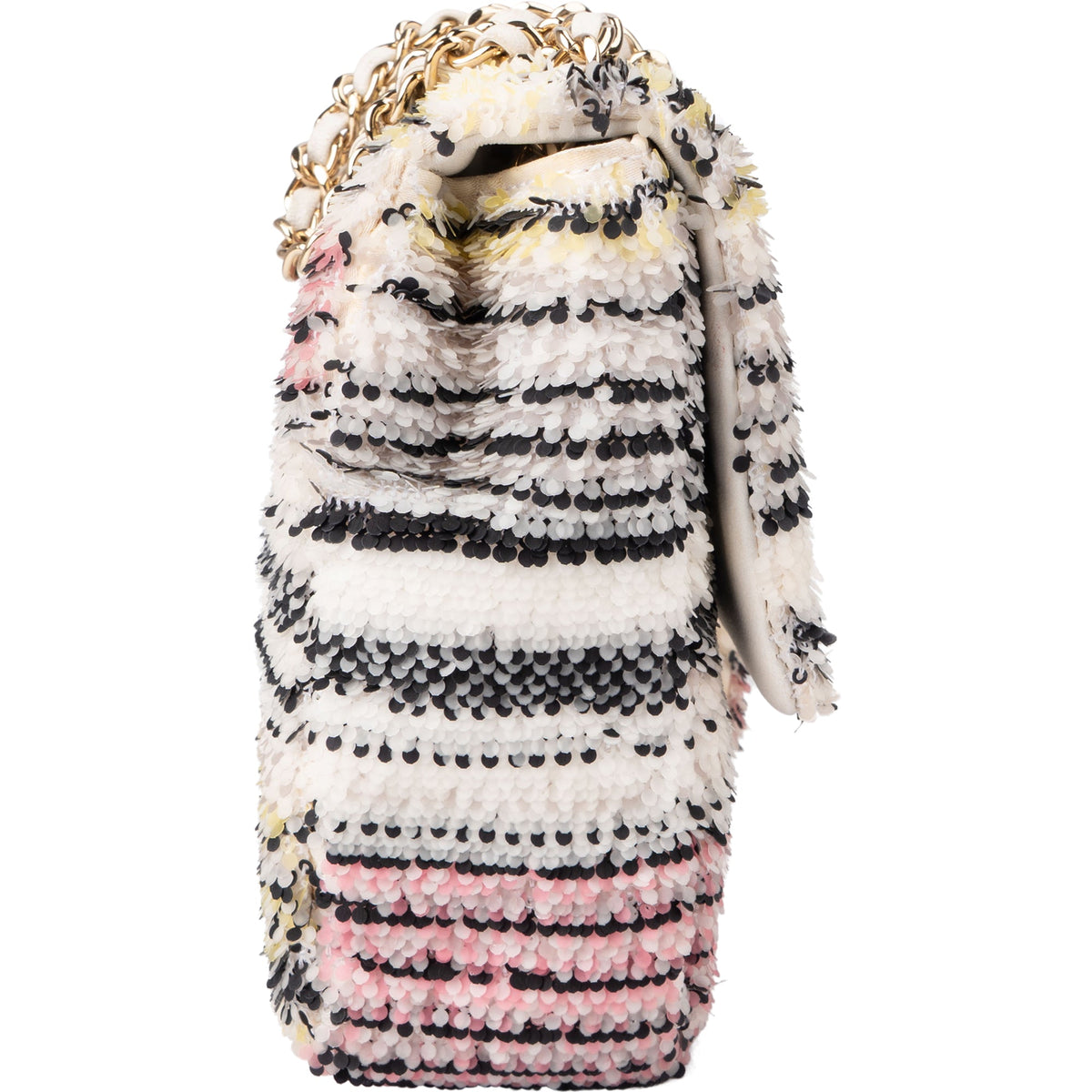 Chanel kleine crossbodytas met enkele flap, veelkleurig gestreept met lovertjes