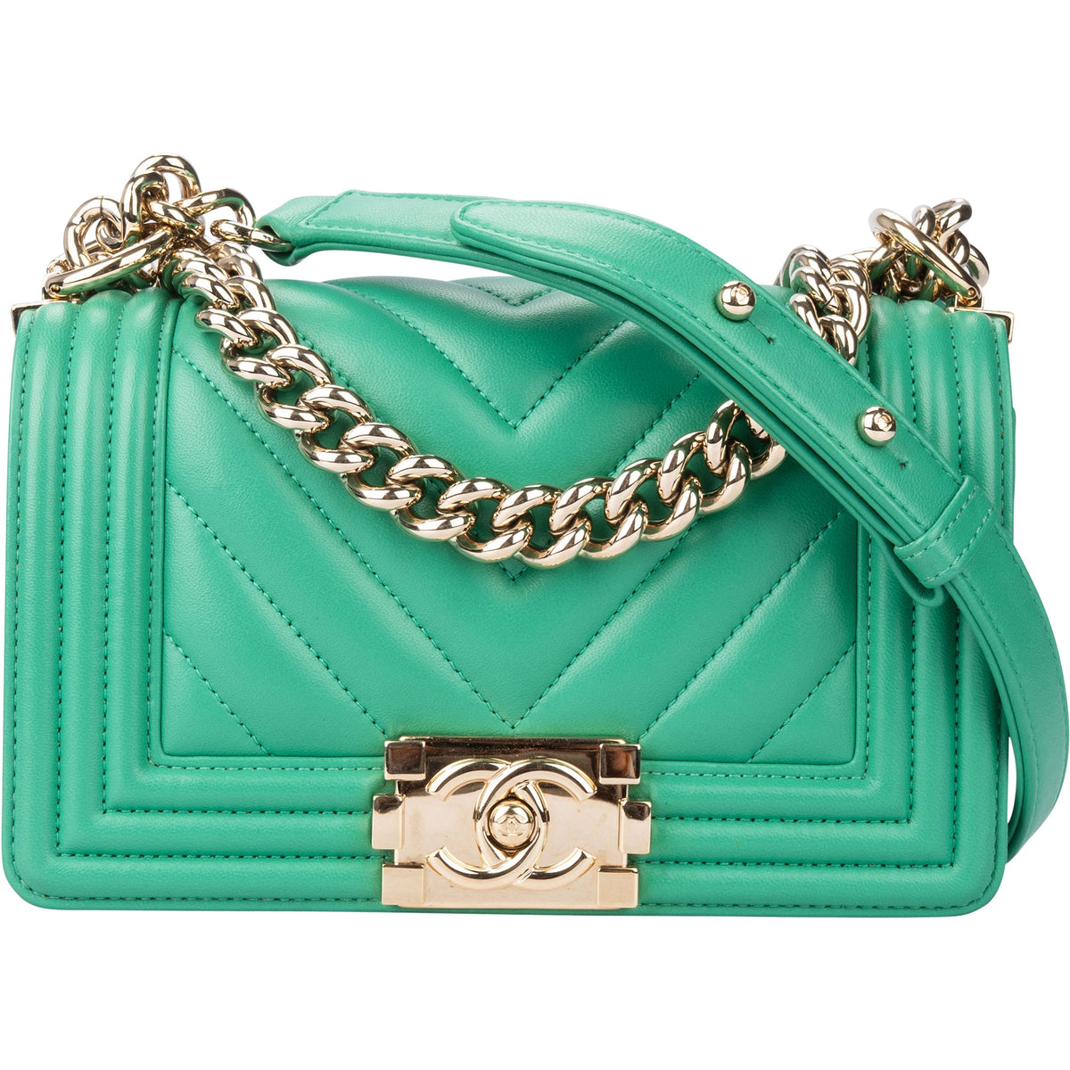 Chanel Chevron Boy Single Flap aus Lammleder – Vorderansicht