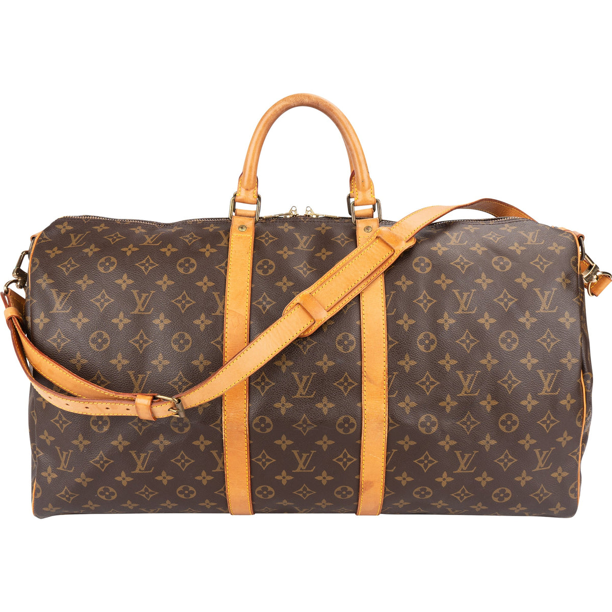 Louis Vuitton Monogram Canvas Keepall 55 Bandoulière aus Canvas und Vachetta-Leder – Vorderansicht