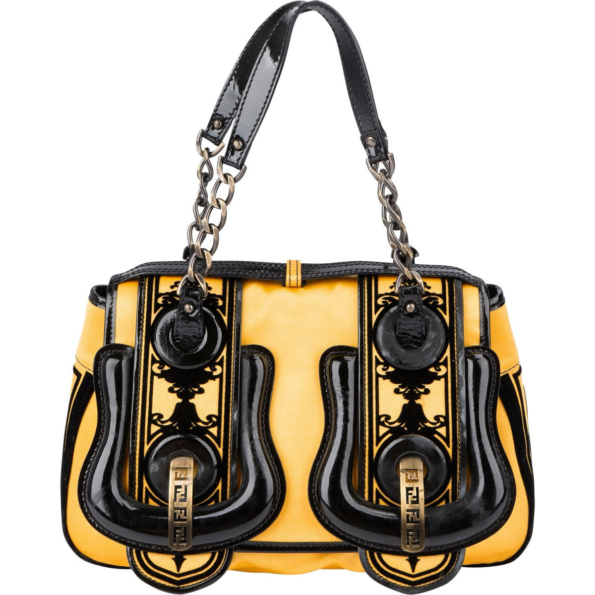 Bolso de mano Fendi B. en terciopelo, satén y charol amarillos