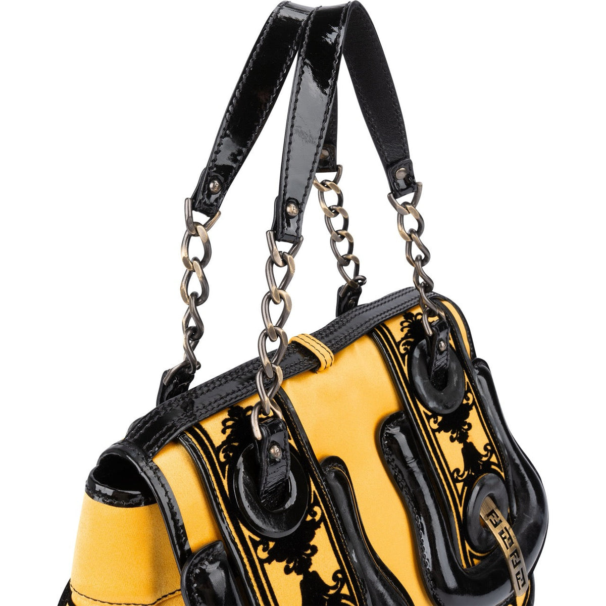 Bolso de mano Fendi B. en terciopelo, satén y charol amarillos